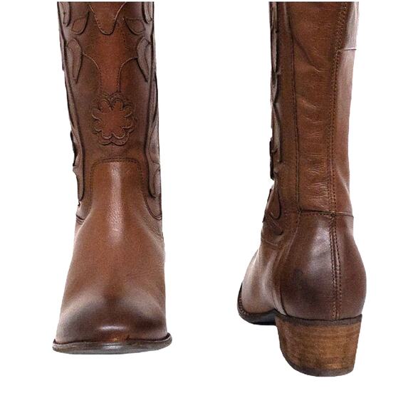Roan Ellia Tan Brown Floral Top Stiched Tall Leather Western Cowboy Boots 7.5 - Picture 6 of 10